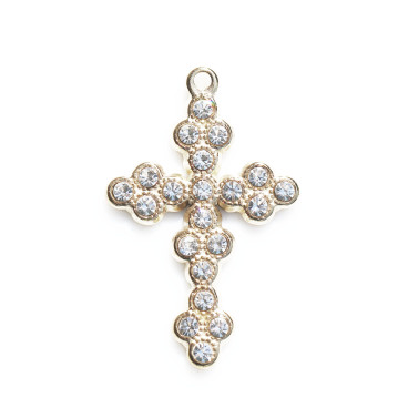 Grande croix avec strass 20x28 mm environ, avec anneau, acier inoxydable doré - BeauMonde Bijoux