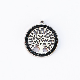 BeauMonde Bijoux - Médaille arbre de vie strass noir 15mm + anneau acier inoxydable 304