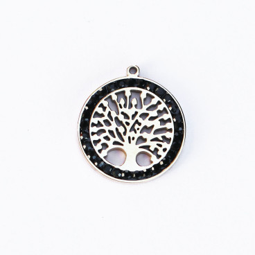 BeauMonde Bijoux - Médaille arbre de vie strass noir 15mm + anneau acier inoxydable 304