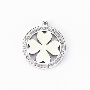 Pendentif médaillon tréfle 16x18mm + strass +anneau acier inoxydable 304 - BeauMonde Bijoux