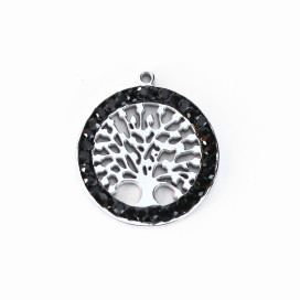 BeauMonde Bijoux - Pendentif médaille arbre de vie strass noir 15mm + anneau acier inoxydable 304
