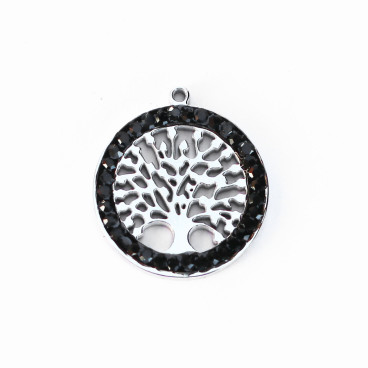 BeauMonde Bijoux - Pendentif médaille arbre de vie strass noir 15mm + anneau acier inoxydable 304