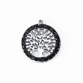 Pendentif médaille arbre de vie strass noir 15mm + anneau acier inoxydable 304
