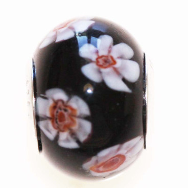 BeauMonde Bijoux - Perle de verre grand trou argent 925 noir fleur